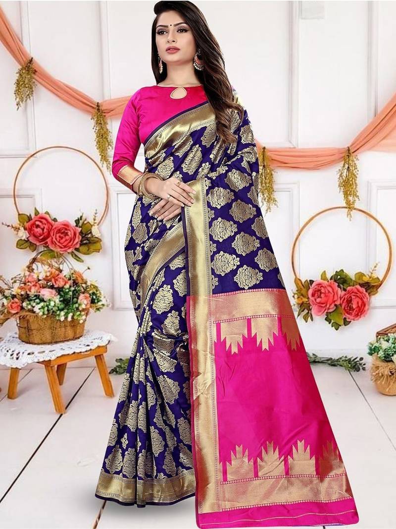 Blue woven design zari art silk banarasi saree