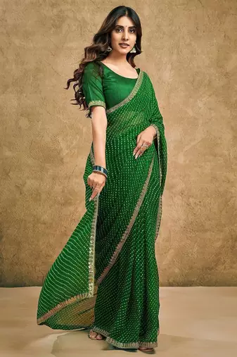 Green leheriya sequinned pure georgette leheriya saree
