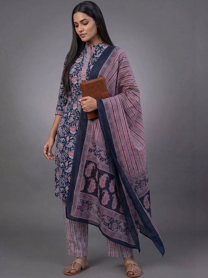 tailored women printed kurta with trousers with dupatta