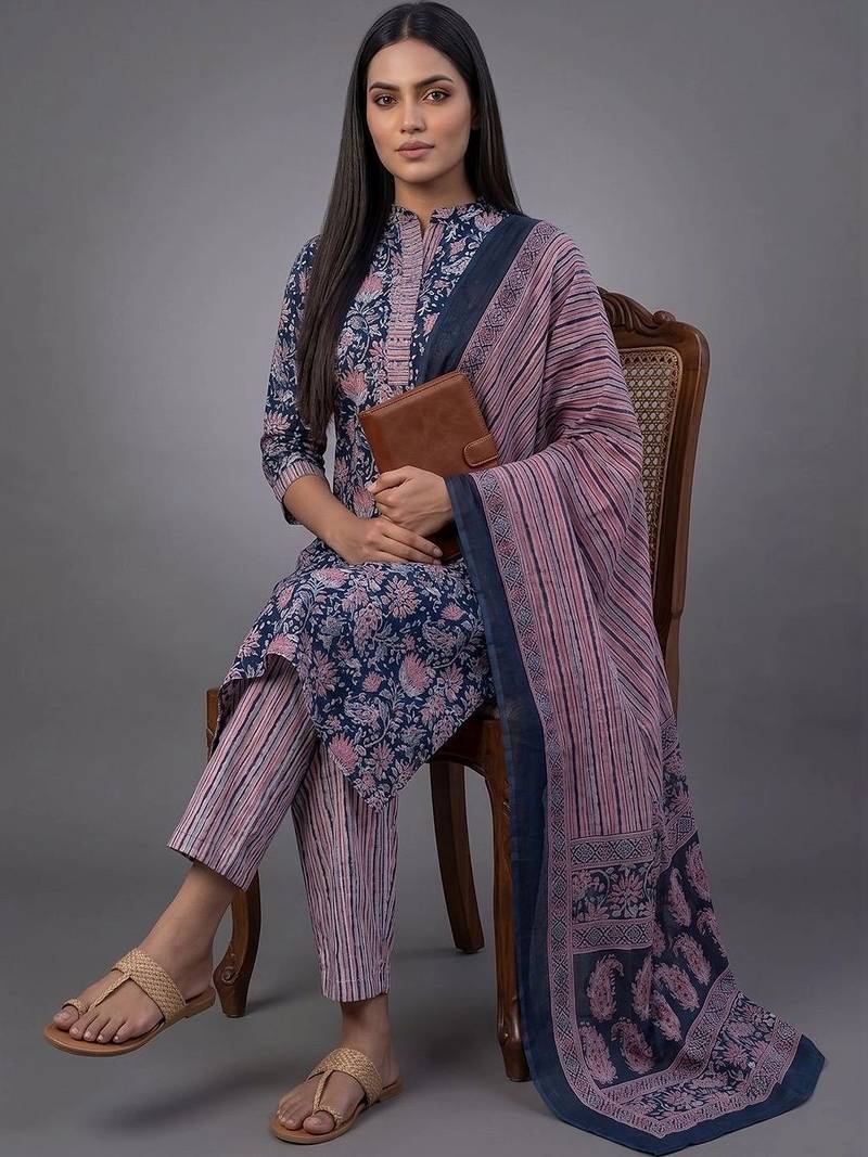 tailored women printed kurta with trousers with dupatta