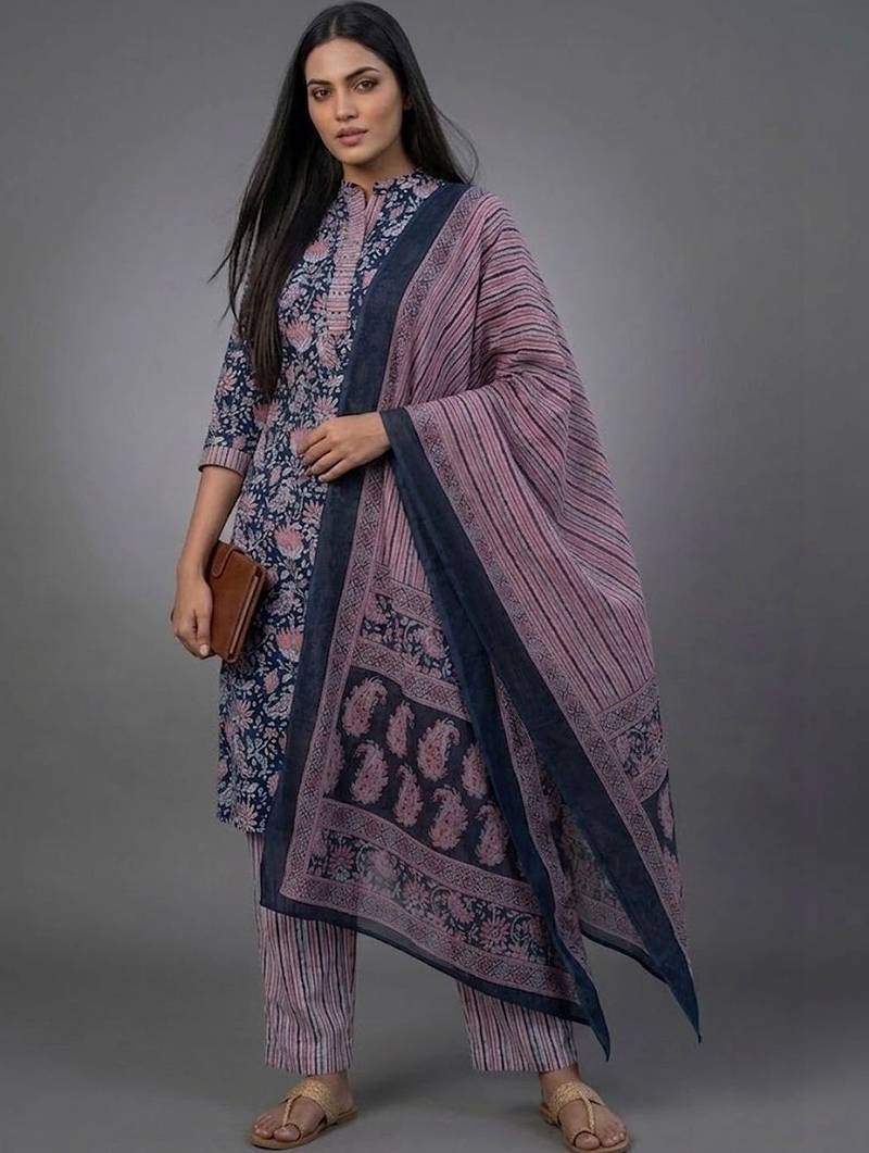 tailored women printed kurta with trousers with dupatta