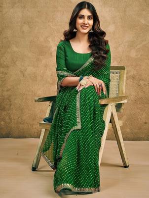 Green leheriya sequinned pure georgette leheriya saree 5
