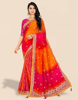 Pink pink & orange embroidered poly georgette bandhani saree 1