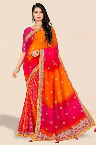 Pink pink & orange embroidered poly georgette bandhani saree