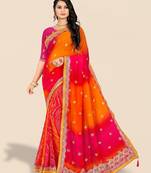 Pink pink & orange embroidered poly georgette bandhani saree