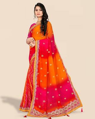 Pink pink & orange embroidered poly georgette bandhani saree 2
