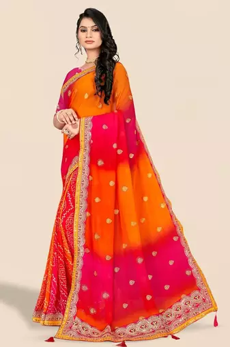 Pink pink & orange embroidered poly georgette bandhani saree