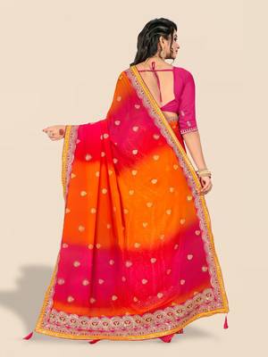 Pink pink & orange embroidered poly georgette bandhani saree 3