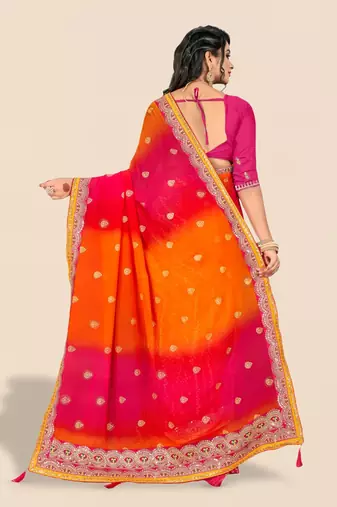 Pink pink & orange embroidered poly georgette bandhani saree