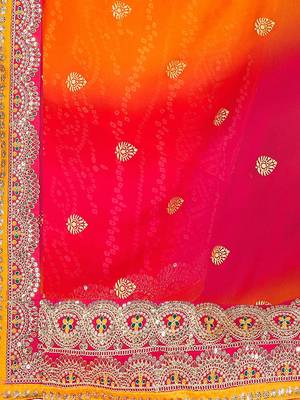 Pink pink & orange embroidered poly georgette bandhani saree 4