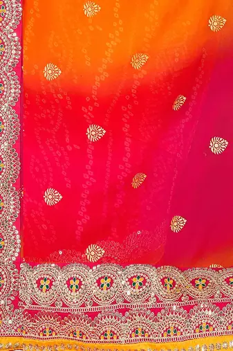 Pink pink & orange embroidered poly georgette bandhani saree