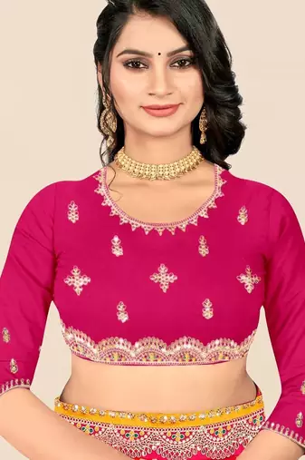 Pink pink & orange embroidered poly georgette bandhani saree
