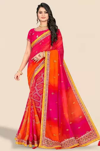 pink bandhani printed & embroidered poly georgette saree