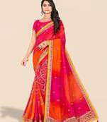 pink bandhani printed & embroidered poly georgette saree