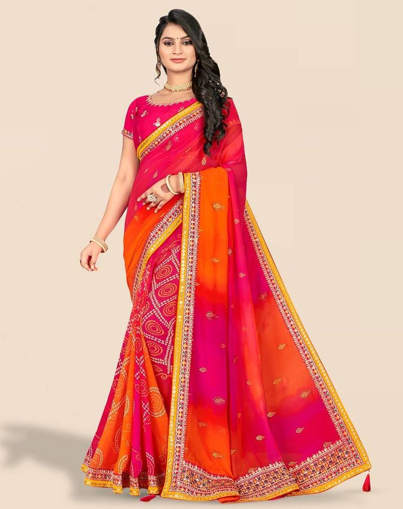 pink bandhani printed & embroidered poly georgette saree