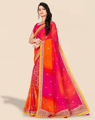 pink bandhani printed & embroidered poly georgette saree 2