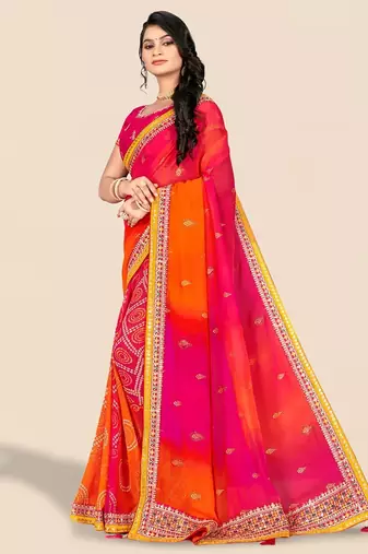 pink bandhani printed & embroidered poly georgette saree