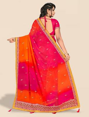 pink bandhani printed & embroidered poly georgette saree 3