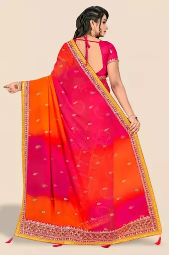 pink bandhani printed & embroidered poly georgette saree