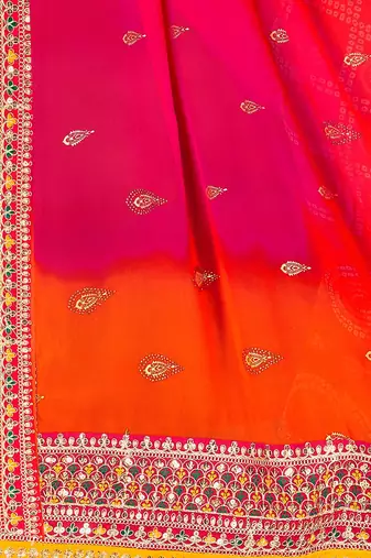 pink bandhani printed & embroidered poly georgette saree