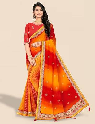 red bandhani printed & embroidered poly georgette saree 1