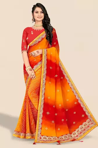 red bandhani printed & embroidered poly georgette saree