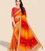 red bandhani printed & embroidered poly georgette saree