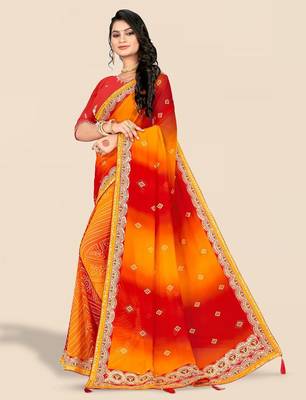 red bandhani printed & embroidered poly georgette saree 2