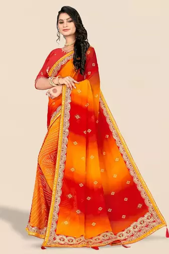 red bandhani printed & embroidered poly georgette saree