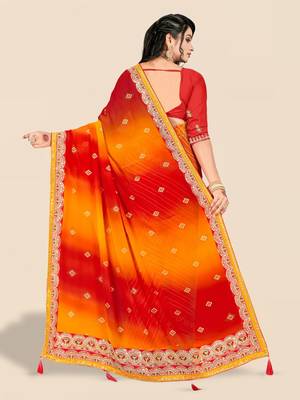 red bandhani printed & embroidered poly georgette saree 3