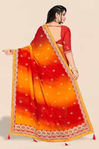 red bandhani printed & embroidered poly georgette saree