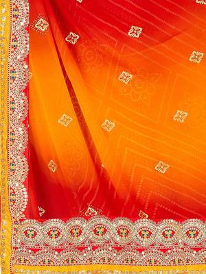 red bandhani printed & embroidered poly georgette saree 4