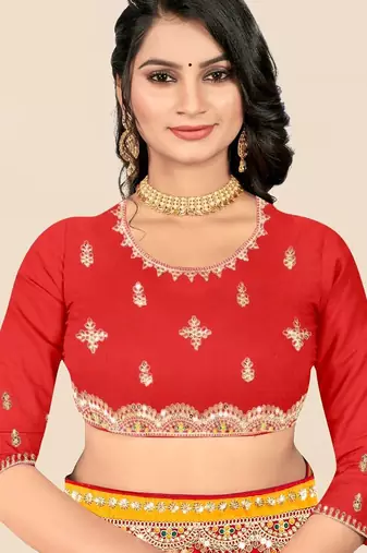 red bandhani printed & embroidered poly georgette saree
