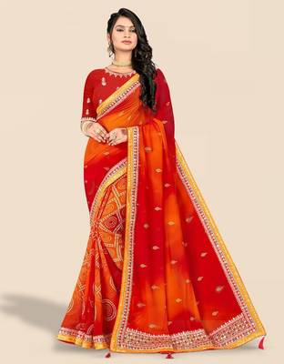 red red & orange printed poly georgette bandhani saree 1