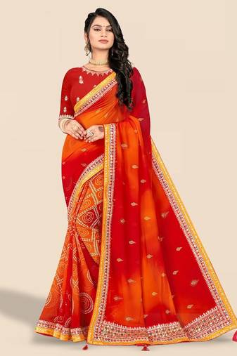 red red & orange printed poly georgette bandhani saree
