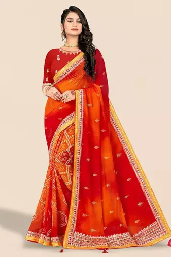 red red & orange printed poly georgette bandhani saree