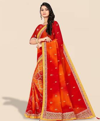red red & orange printed poly georgette bandhani saree 2