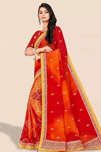 red red & orange printed poly georgette bandhani saree