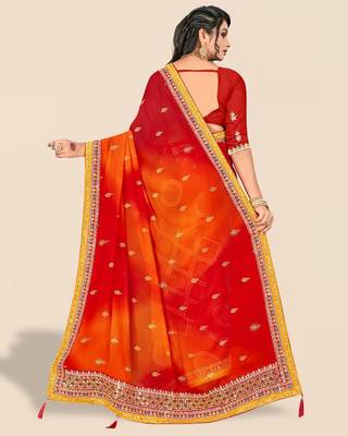 red red & orange printed poly georgette bandhani saree 3