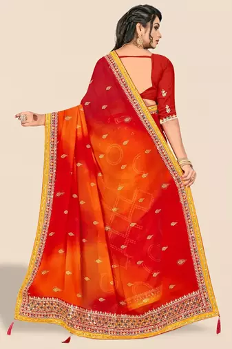 red red & orange printed poly georgette bandhani saree