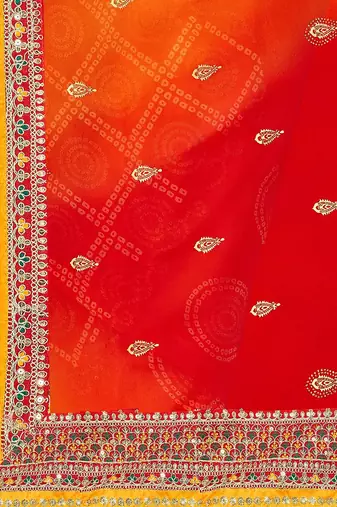 red red & orange printed poly georgette bandhani saree