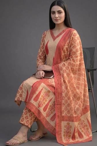 tailored women printed kurta with trousers with dupatta