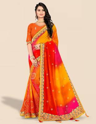 yellow bandhani printed & embroidered poly georgette saree 1