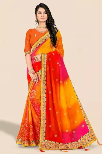 yellow bandhani printed & embroidered poly georgette saree
