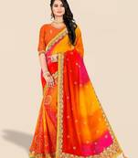 yellow bandhani printed & embroidered poly georgette saree