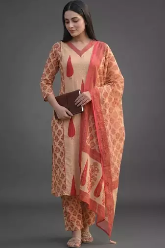 tailored women printed kurta with trousers with dupatta