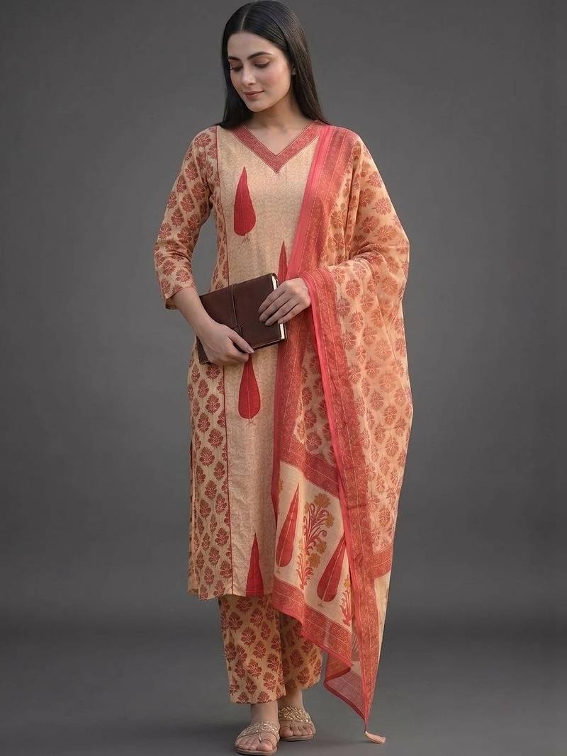 tailored women printed kurta with trousers with dupatta