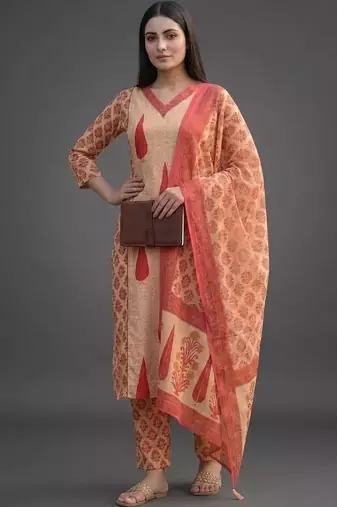 tailored women printed kurta with trousers with dupatta