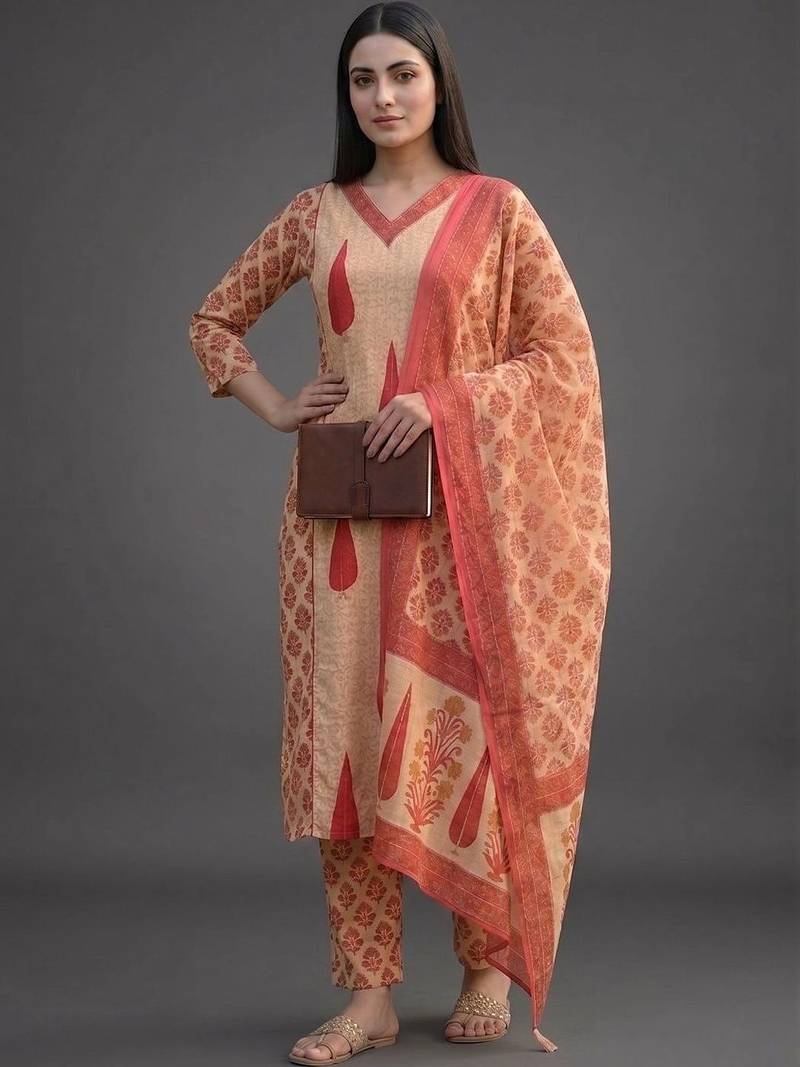 tailored women printed kurta with trousers with dupatta
