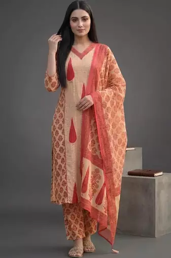 tailored women printed kurta with trousers with dupatta